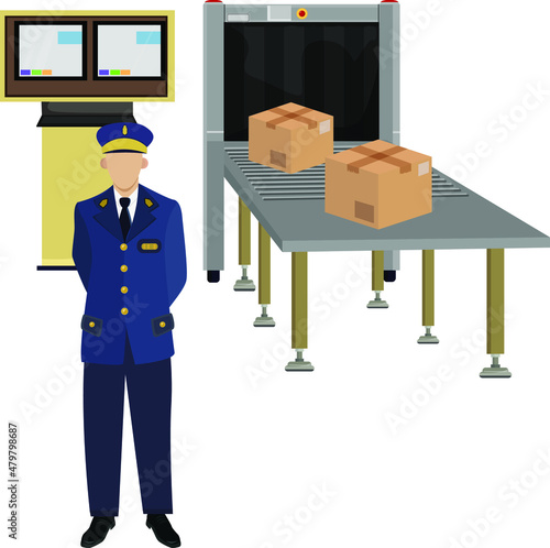 Security check pacels, boxes. Luggage is checked at the airport. Tape portal for reliable security of a transport airport. Computer baggage tracking officer. Сustoms control.