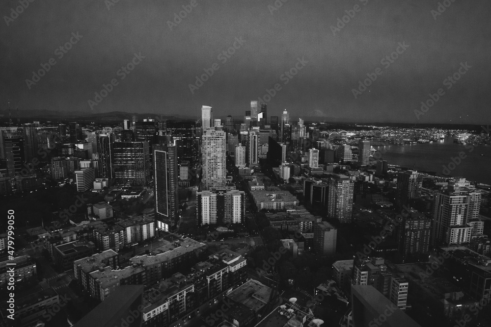 Fototapeta premium Seattle, Washington, USA - June 4 2021: Seattle downtown skyline at night. View from Seattle needle. Black and white.