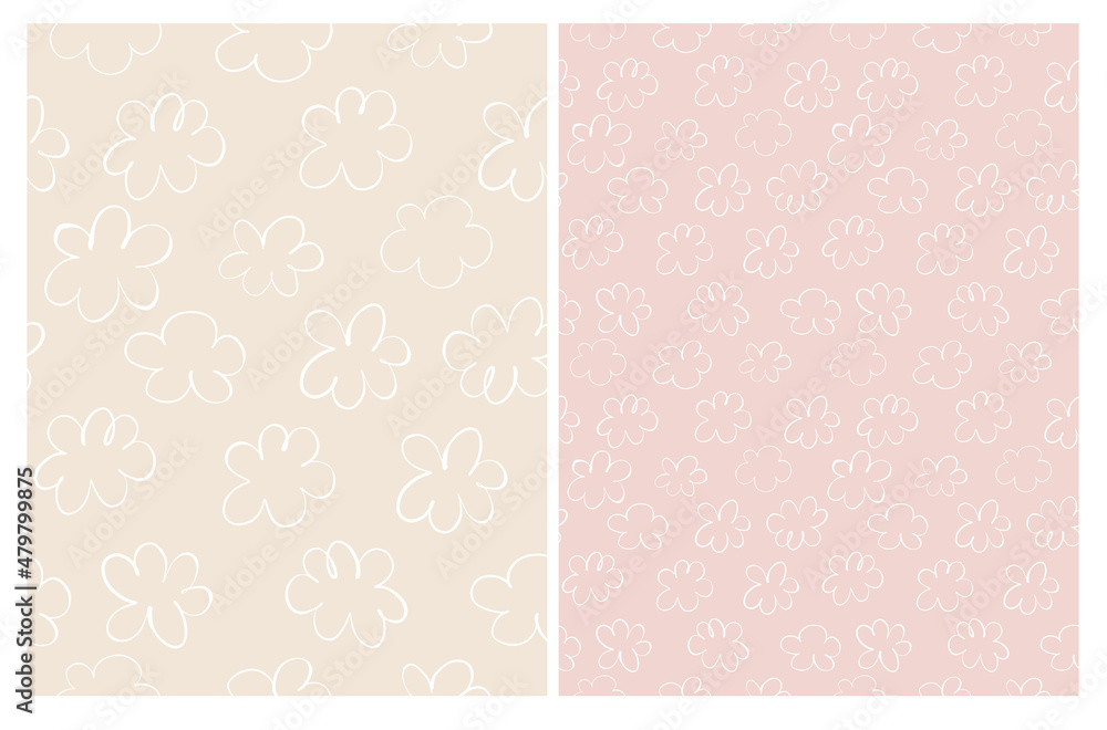 Abstract Hand Drawn Childish Style Vector Patterns. Funny Fluffy Clouds on Pastel Pink and Cream Background. Modern Baby Shower Seamless Pattern. Irregular Freehand Repeatable Print.