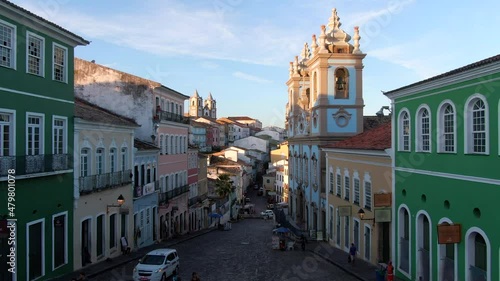Salvador, Bahia, Brazil, aerial view of the historical district of Pelourinho showing colourful colonial buildings at sunset. photo