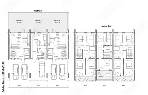 Detailed architectural townhouse floor plans, apartments layout, blueprint. Vector illustration