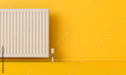 White heating radiator against a bright yellow wall. 3D Rendering