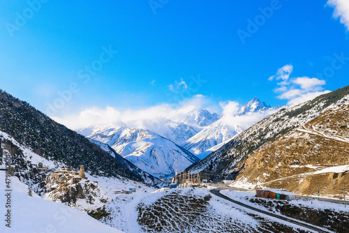 north Ossetia is mountainous in winter. Snowy mountain landscape. panorama of the winter landscape. resort area. rocks panoramic view