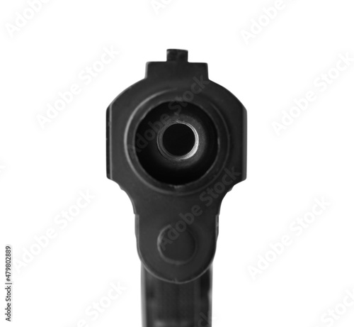 Black gun isolated on white. Modern weapon