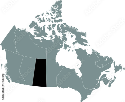 Black flat blank highlighted locator administrative map of the Canadian province of SASKATCHEWAN inside gray flat map of CANADA