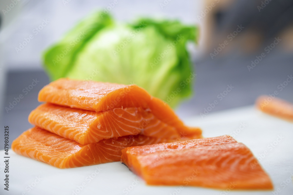 Close up picture of red fish slices Close up picture of red fish slices