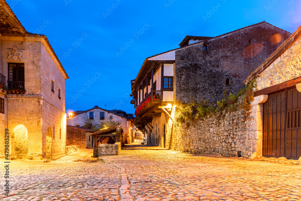 Blue hour view of the streets of the rural village of Santillana del Mar in Spain