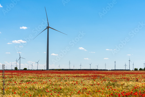 windmill tower in the flowery fields of Castilla y Leon in Spain.