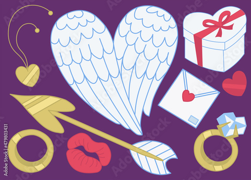 Vector set of Valentine's Day themed drawings using heart shape: wings, cupid's arrow, envelope, rings, pendant, gift box, lips. Romantic cartoon illustration for engagement, wedding.