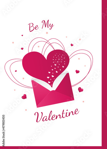  Happy Valentine's Day. Greeting postcard with pink hearts in envelope.
