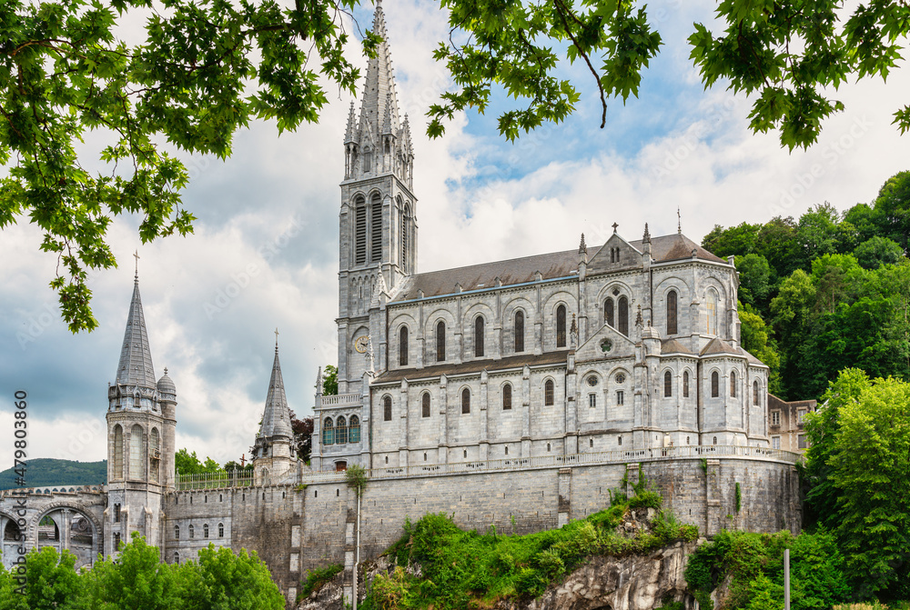 View of the Basilica of the Sanctuary of Our Lady of Loudes in France.