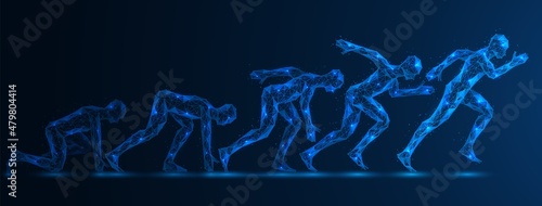 A running man. Body postures from start to run. Polygonal design of lines and dots. Blue background.
