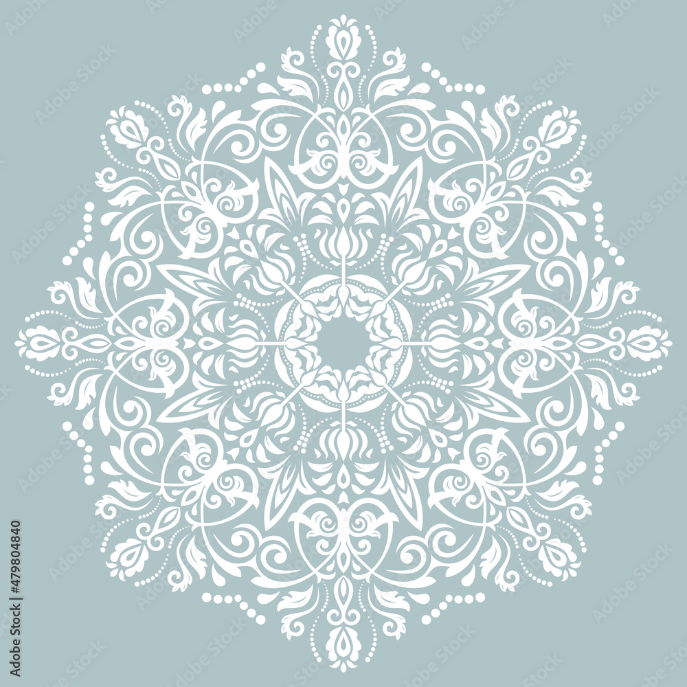 Oriental vector round white pattern with arabesques and floral elements. Traditional classic blue and white ornament. Vintage pattern with arabesques Oriental vector round white pattern with arabesques and floral elements. Traditional classic blue and white ornament. Vintage pattern with arabesques