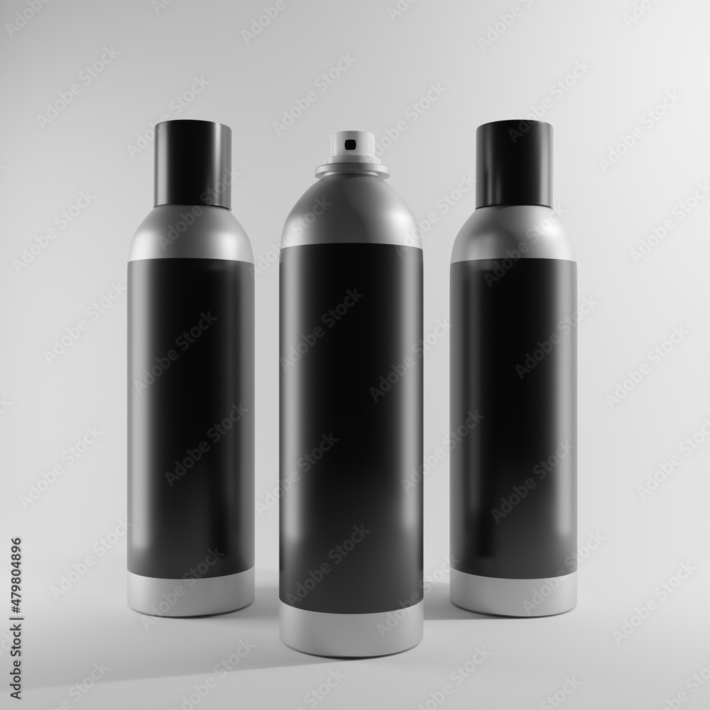 three metallic bottles spray with blank label a front view 3d render three metallic bottles spray with blank label a front view 3d render