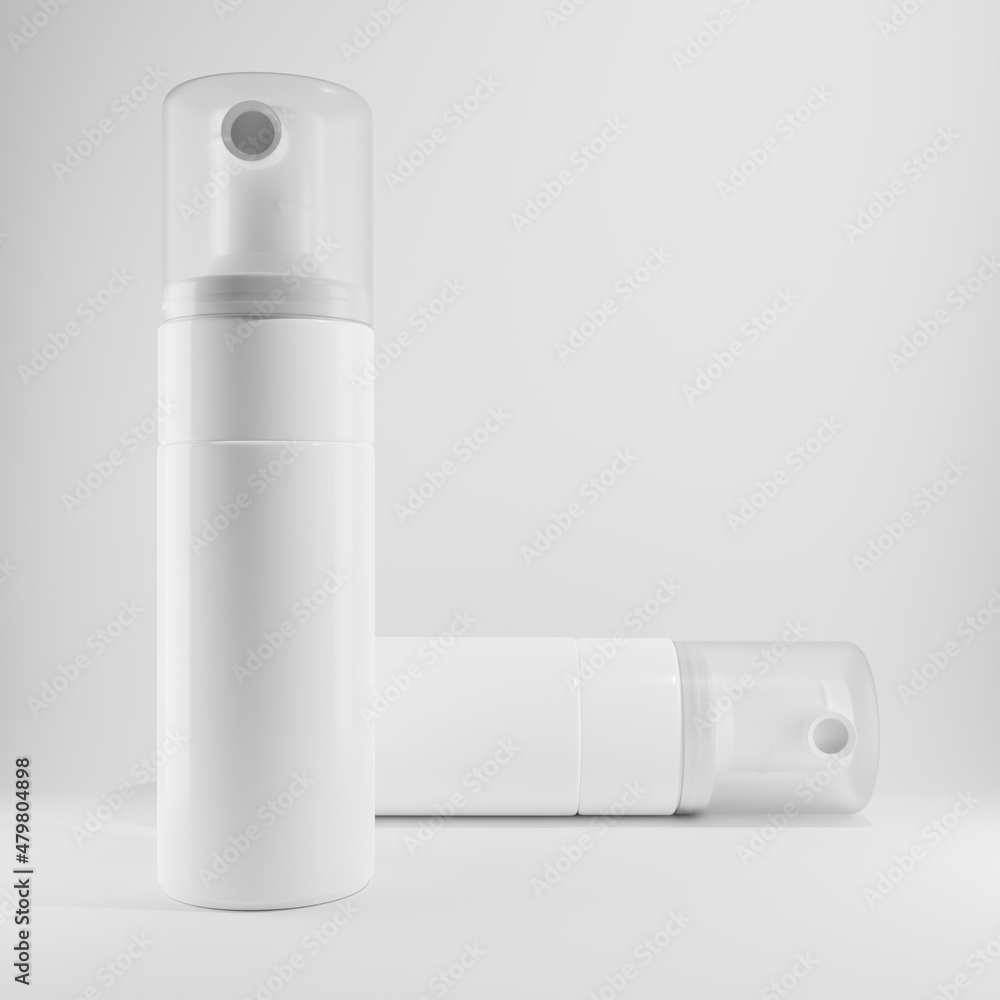 two white spray cosmetic with a transparent cap on white background 3d render two white spray cosmetic with a transparent cap on white background 3d render