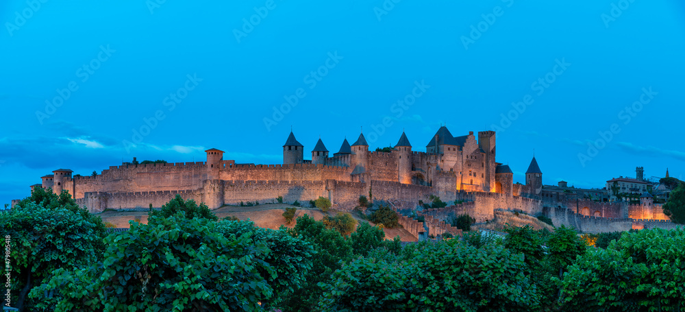 view of the castle at night in the medieval walled city of Carcassonne (La Cité) in France