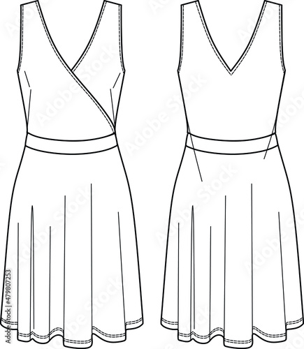 Vector wrap dress technical drawing, sleeveless V-neck mini dress fashion CAD, sketch, template, flat. Jersey or woven fabric dress with front, back view, white color