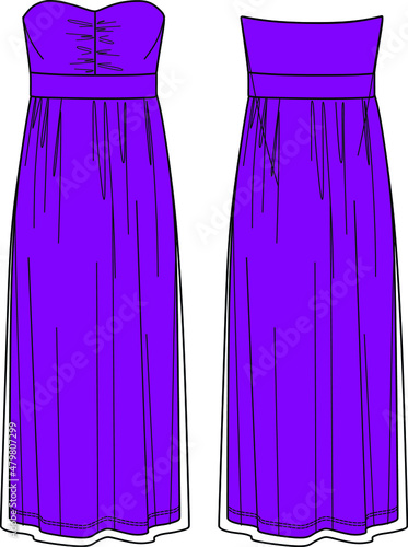 Vector maxi strapless dress technical drawing, woman night dress fashion CAD, tulle chic dress template, flat, sketch