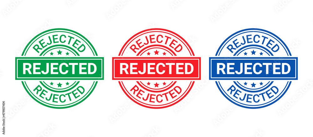 Fototapeta premium Rejected stamp. Round emblem reject. Denied permit sticker, label. Negative decision mark. Retro circular badge isolated on white background. Red, blue, green seal imprints. Vector illustration.