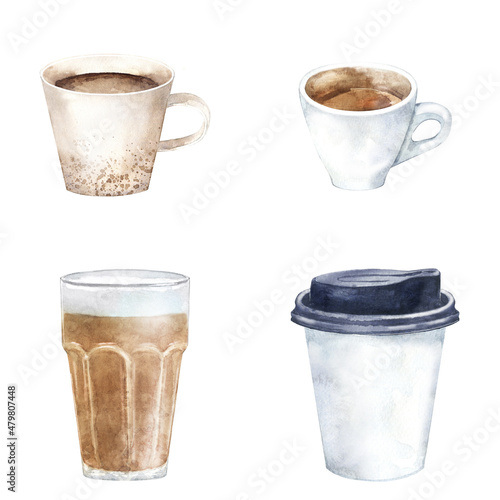 Watercolor set of coffee cup and mug