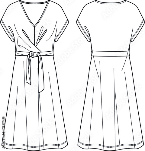 Vector wrap sleeveless maxi dress fashion CAD, woman v-neck long dress with bow and dropped shoulder technical drawing, template, flat, sketch. Jersey or woven fabric dress with front,back view, white