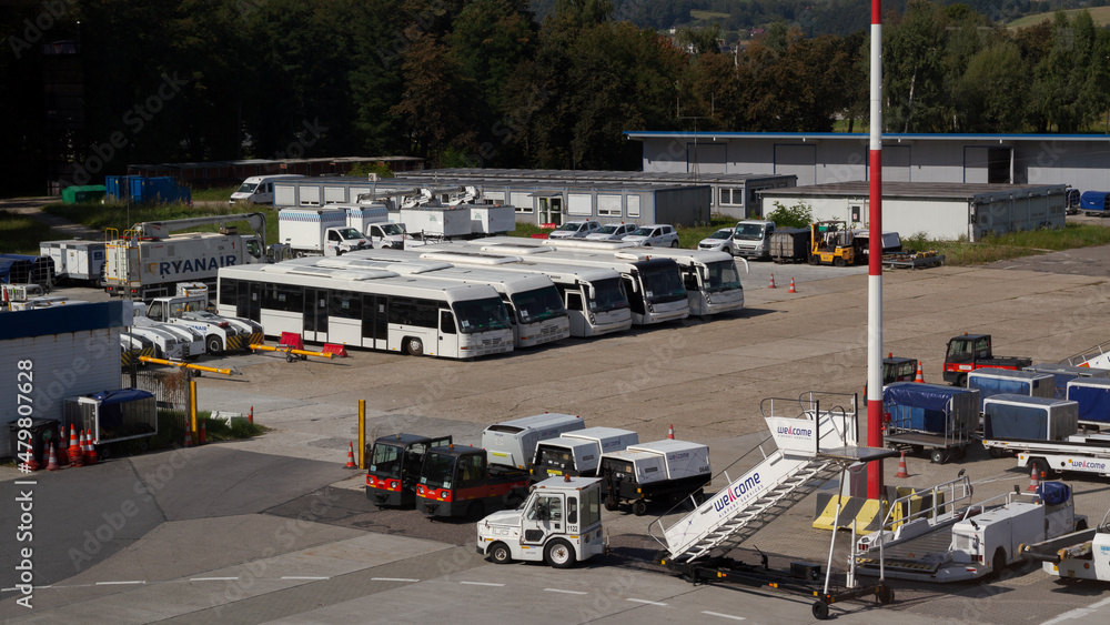 Airport ground handling services equipment. Luggage trolleys or baggage