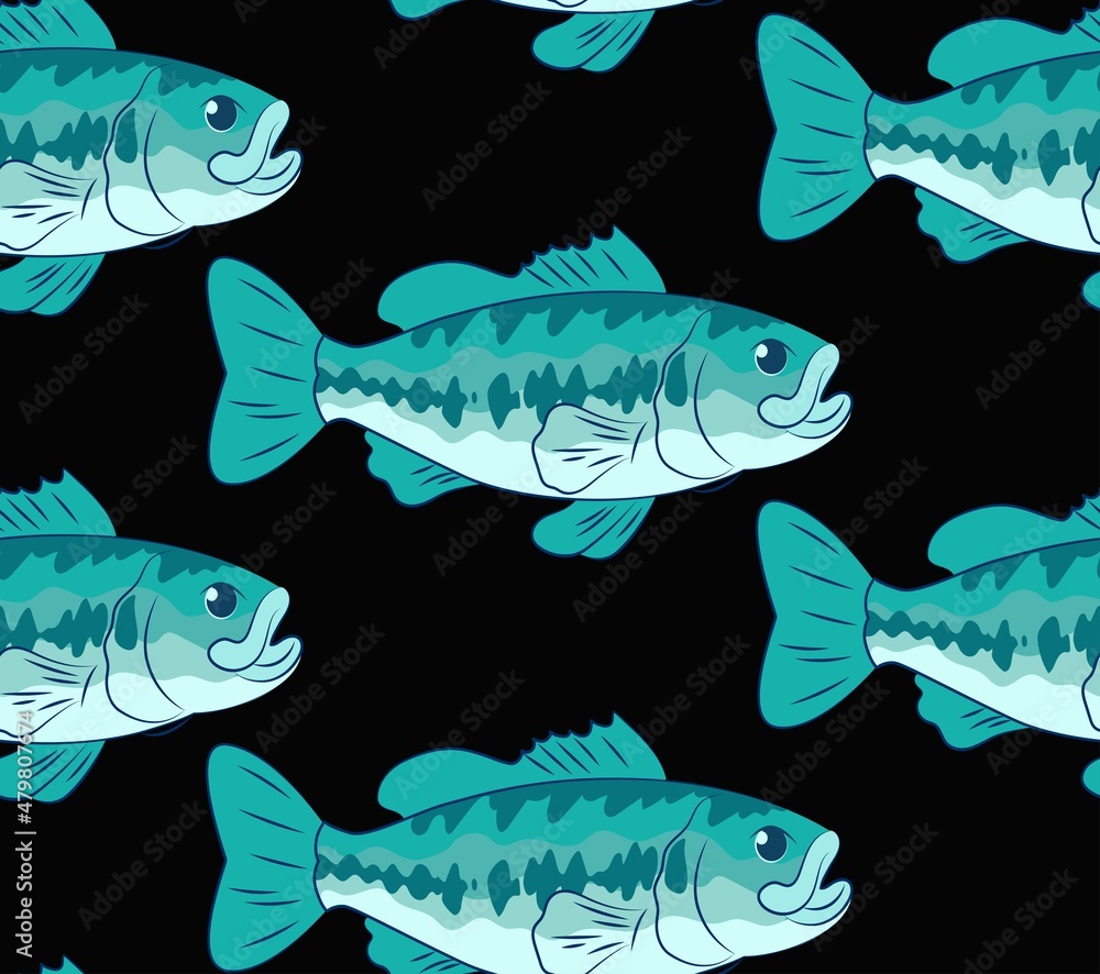 drawing fish vector seamless pattern, black background. marine texture.