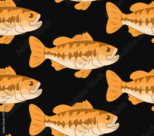 Fish pattern on black background, golden fishes seamless pattern.