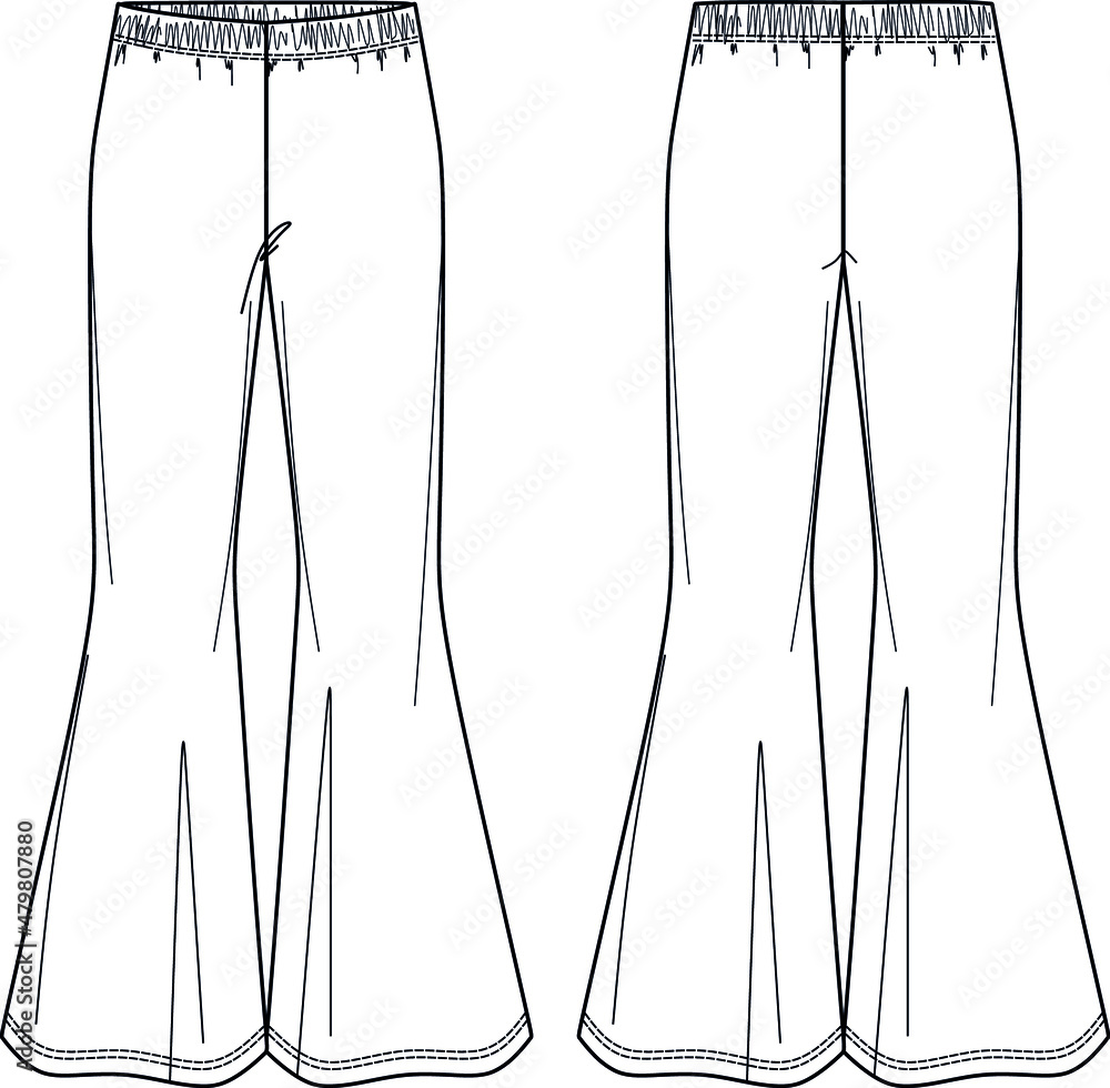Vector pants for ladies fashion CAD, sketch template, woman trousers  technical drawing, trendy leggings flat, mock up. Jersey or woven fabric  pants, from and back view, white color Stock Vector