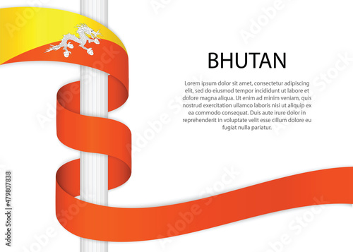 Waving ribbon on pole with flag of Bhutan. Template for independence day