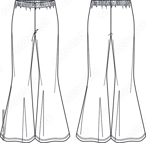 Vector pants for ladies fashion CAD, sketch template, woman trousers technical drawing, trendy leggings flat, mock up. Jersey or woven fabric pants, from and back view, white color