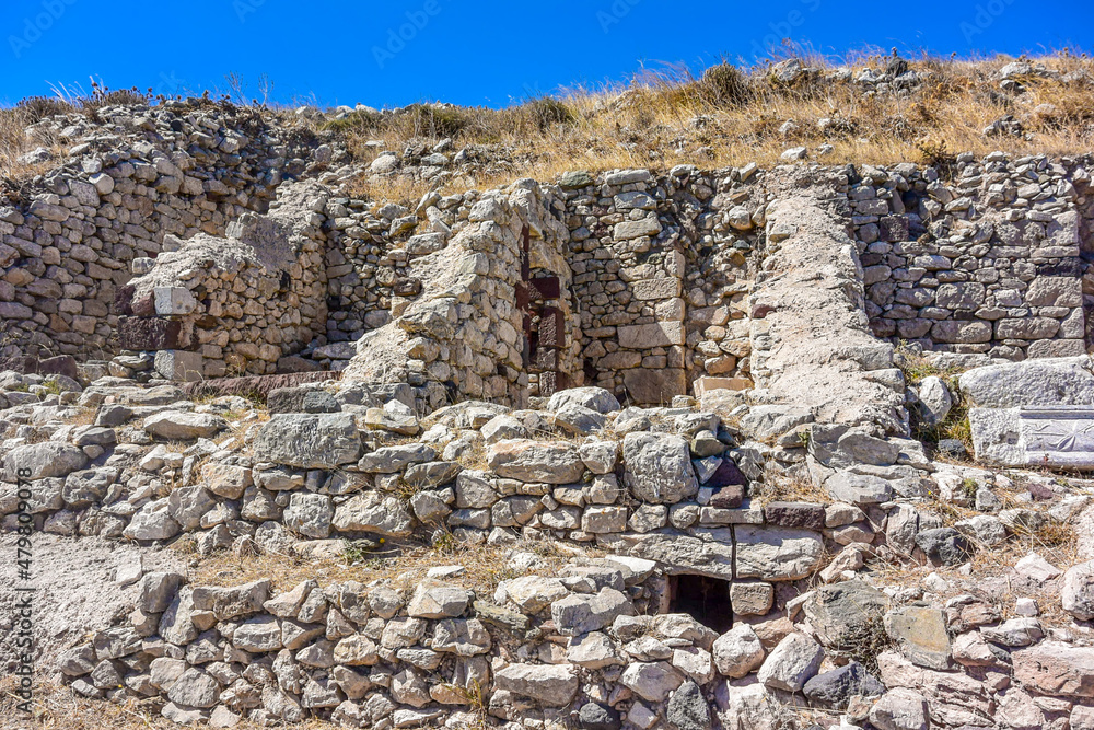 Ancient Thera housing ruins. Ancient city remains at the Messavouno (Mésa Vounó) mountain on Santorini island, Greece.