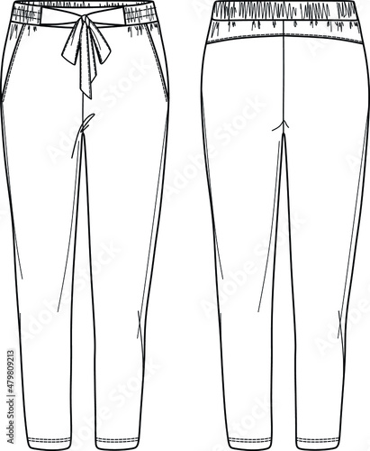 Vector hight waist trousers with side pockets, fake back pockets and splits fashion CAD, woman tapered legs pants with bow detail technical drawing, template, flat, sketch