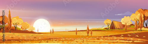 Autumn rural landscape in evening light with sunset, pink,orange sky and clouds background,Vector Cartoon fall season countryside with wood barn,forest tree, field with sunrise,Backdrop natural banner