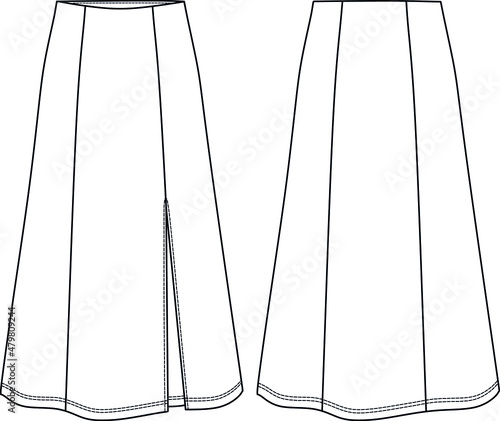 skirt CAD, mini skirt technical drawing, midi skirt sketch for woman, fashion button model for woman, vector sketch for woman