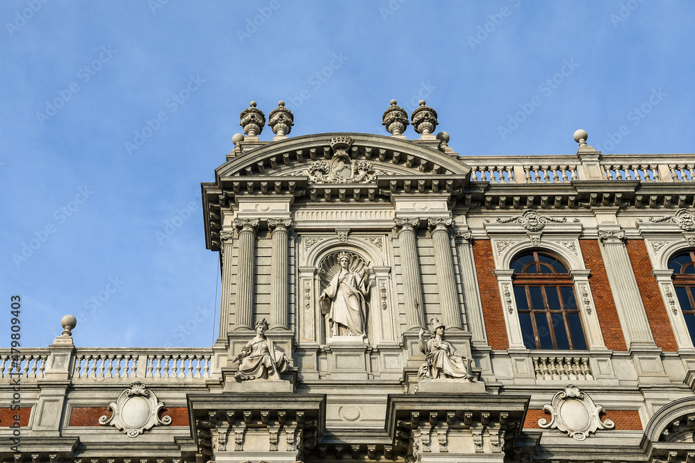 Detail of the façade of Palazzo Carignano overlooking Piazza Carlo Alberto in the historic centre of Turin, Piedmont, Italy
