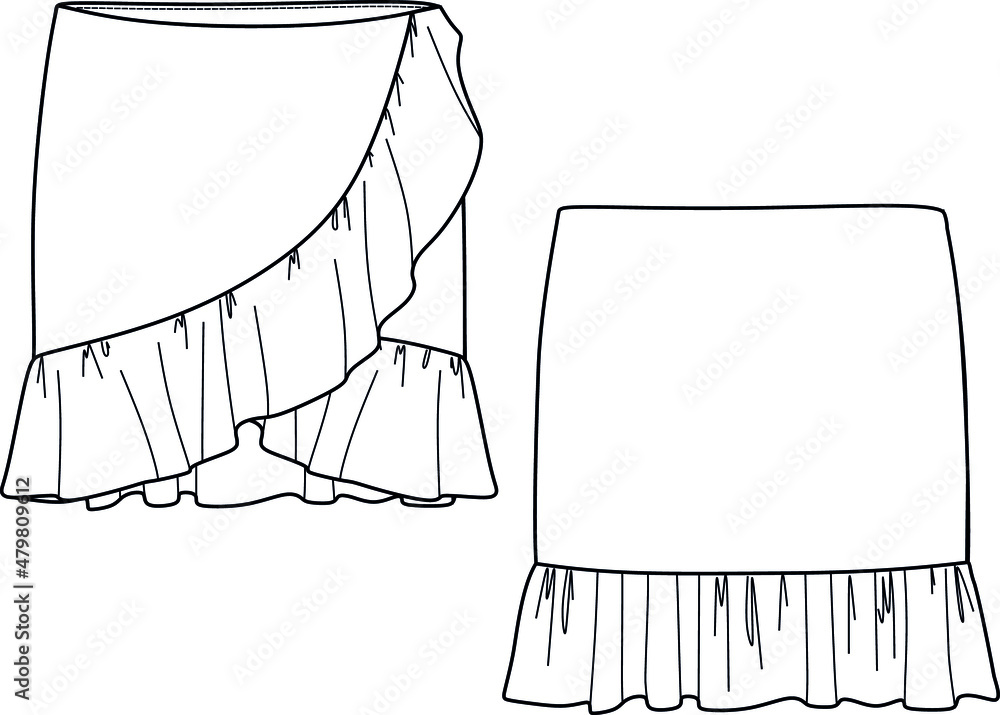 skirt CAD, mini skirt technical drawing, midi skirt sketch for woman, fashion button model for