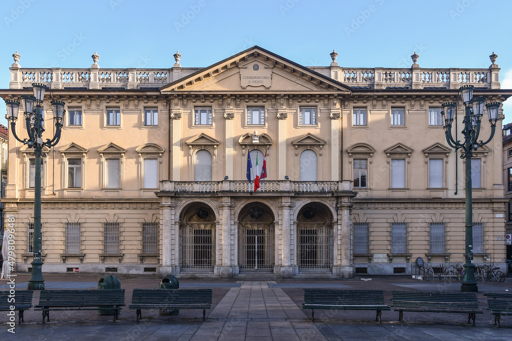 Façade of the Music Conservatory Giuseppe Verdi in Piazza Bodoni square in the historic centre of Turin, Piedmont, Italy