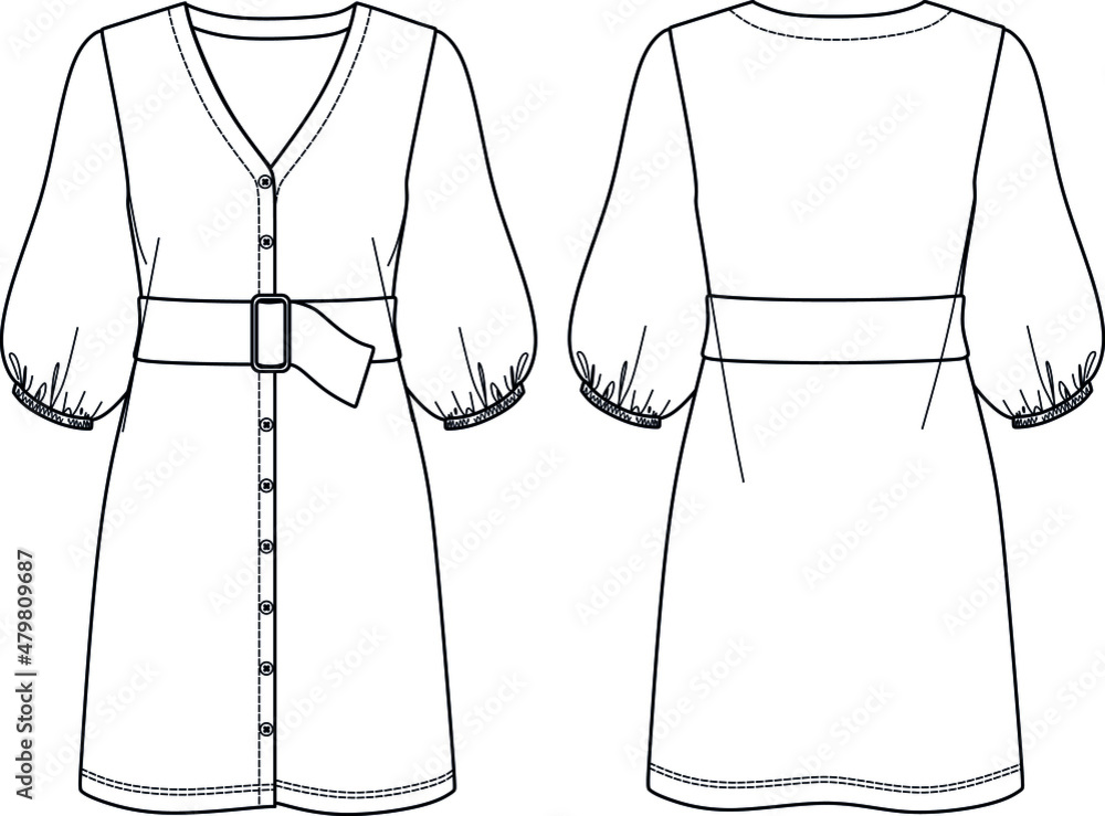 Vector technical drawing, dress fashion CAD, shirt-dress sketch with ...
