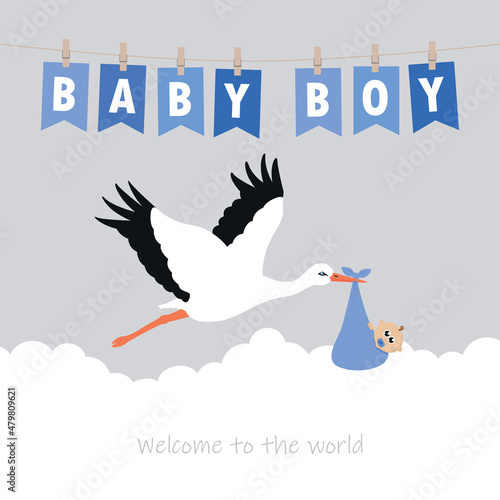 baby boy welcome greeting card with stork and party flag