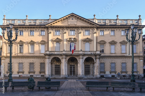 Fa  ade of the Music Conservatory Giuseppe Verdi in Piazza Bodoni square in the historic centre of Turin  Piedmont  Italy