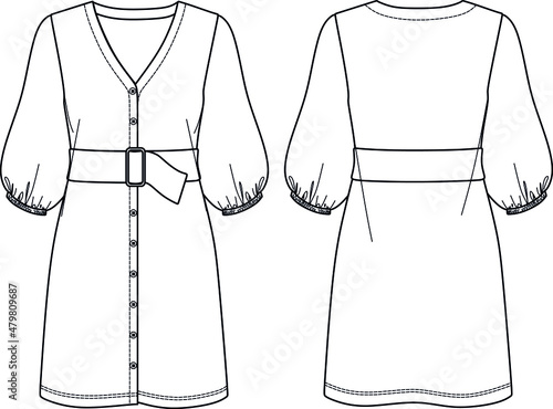 Vector technical drawing, dress fashion CAD, shirt-dress sketch with buttons