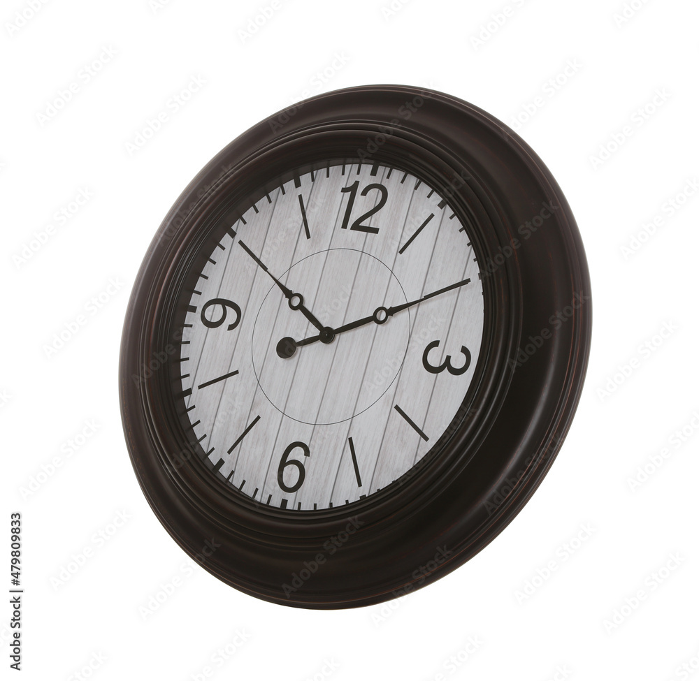 Stylish round wall clock isolated on white Stylish round wall clock isolated on white