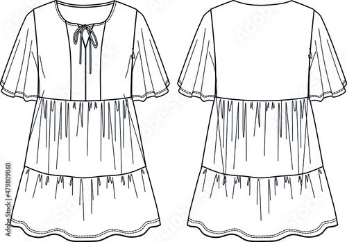 Voluminous mini dress, trendy dress with frills vector sketch, round neck dress fashion CAD, technical drawing, flat, mock up, template. Jersey or woven fabric dress with front, back view, white color