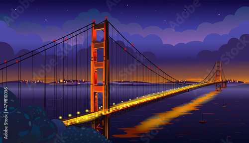 The Golden Gate Bridge across the strait. San Francisco. Night view. Vector illustration