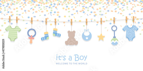 baby shower welcome greeting card for childbirth with hanging utensils and confetti