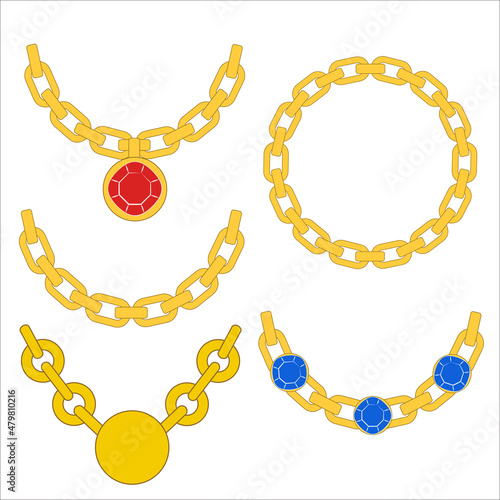 Set of golden chain link circle in flat style with precious stones frame board