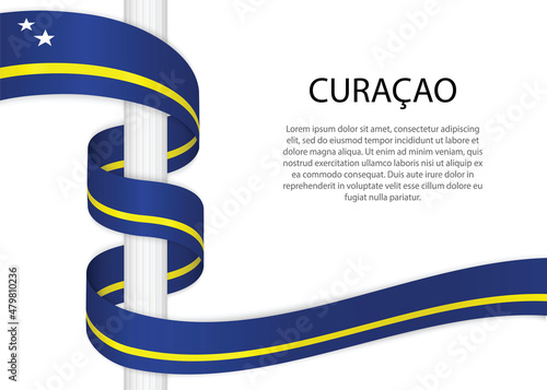 Waving ribbon on pole with flag of Curacao. Template for independence day