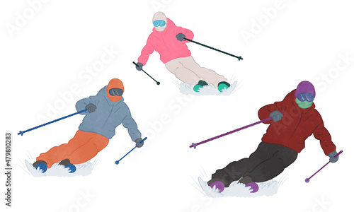 Illustration set of people skiing