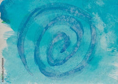 Watercolour spiral motive. Colourful. Abstract background. Splashes. Blue colour. Aquarele paper. Hand painted.